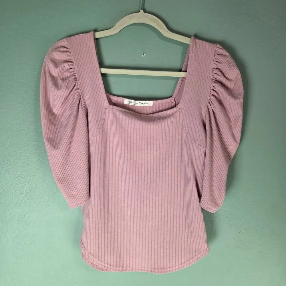 We the Free Womens M Night Lilly Puff Shoulder Square Neck Shirt Top Pink Ribbed